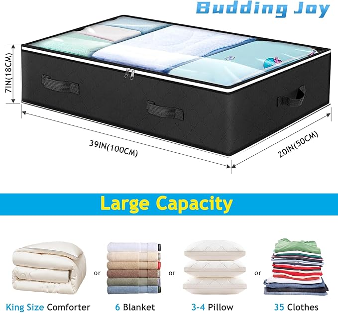 Budding Joy 90L Under Bed Storage Containers, Closet Organizers and Storage Bins, Foldable Underbed Storage Bags for Blankets, Towels, Comforter, Sweaters, Pillows, Linen Sheets, Wrapping Paper，Black-NeatNest