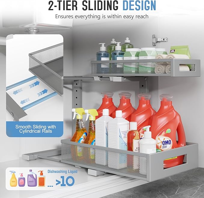 1 Pack-11.4"-16.14" H Under Sink Storage Organizer, Large 2-Tier Elegant Mesh Pull Out Shelf for Kitchen & Bathroom Cabinet Organization, L-Shaped, Adjustable Height-Gun Gray-NeatNest