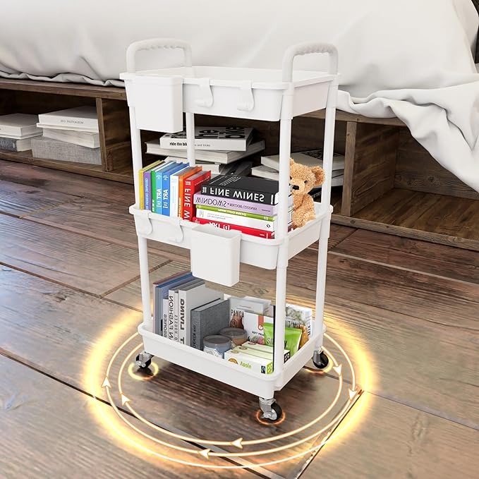 3 Tier Rolling Utility Cart with Handle,REBECAT Utility Cart Made of Multifunctional Storage Organizer Tool for Kitchen,Bathroom,Living Room,Office(White)-NeatNest
