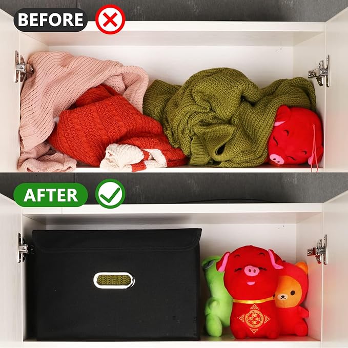1-Pack Large Collapsible Storage Bins with Lids,Fabric Storage Cubes Organizer for Shelves,Closet,Nursery,Foldable Cube Storage Baskets with Handles,Home Boxes (14.9"x9.8",Black)