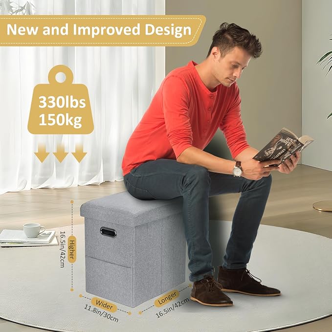 Tall Ottoman with Storage Collapsible Fabric Small Slim Folding Ottoman Furniture with Handles Lid for Room Footrest Foot Stool Linen Light Grey 16.5x16.5x11.8in