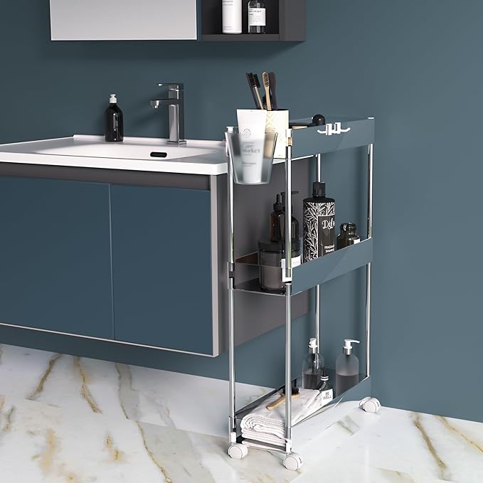 VECELO 3-Tier Acrylic Rolling Cart, Utility Cart for Kitchen Storage, Mobile Shelves Slide-Out Organizers with 2 Lockable Wheels&Hooks for Bathroom Laundry Room Living Room Office, Clear