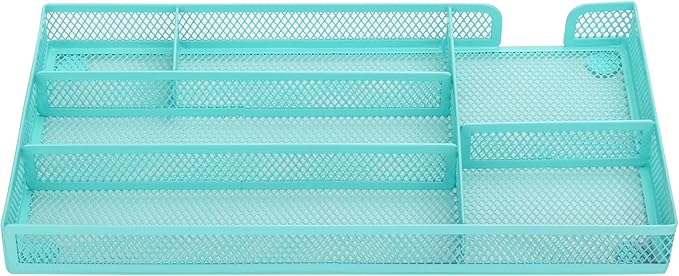 Annova Desk Drawer Organizer Tray for Office Organization - Metal Mesh - Storage Tray with Dividers for Pens, Desktop Accessories, Bathroom, Kitchen, Makeup and Office Supplies (Small, Turquoise)-NeatNest