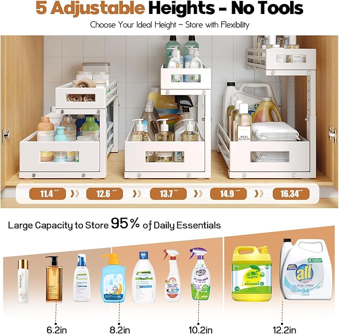 1-Pack Under Sink Organizers and Storage,2-Tier L Shape Pull Out Cabinet Organizer With Round Tube Slide Rails,Hight Adjustable Slide Out Drawers for Kitchen&Bathroom,Multi-Purpose Storage Shelf-White-NeatNest