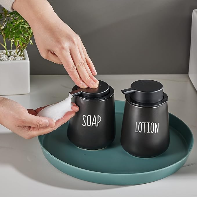 12Oz Black Foaming Soap Dispenser - Ceramic Foam Hand Soap Dispenser Set with Easy-to-Press Pump, Refillable Liquid Dish Soap Dispensers for Bathroom and Kitchen, 2 Pack-NeatNest