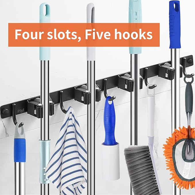 Piyl Broom Mop Holder Wall Mount Broom Hanger Wall Mounted Metal Organization Garage Storage Garden Kitchen Tool Organizer With 4 Racks and 5 Hooks (Black, 1 Pack 4R5H)-NeatNest