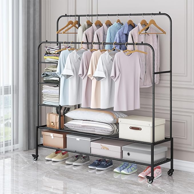 Garment Rack for Hanging Clothes Rack Heavy Duty Portable with Bottom Metal Shelf Drying Coats Shirt,Black (Black+Double Rods+Shelf)-NeatNest
