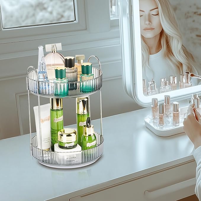 360 Rotating Makeup Organizer, 2 Tier Lazy Susan Bathroom Organizer, Easy to Install, Ideal Storage for Perfume, Skincare, Cosmetic, Dresser or Vanity Countertop (Classic Grey, 2 Tier)-NeatNest