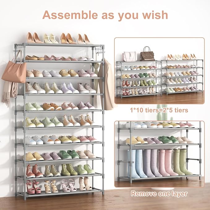 10 Tiers Shoe Rack 50 Pairs Large Capacity Tall Shoe Organizer Sturdy Shoe Storage with Two Hooks Space Saving Metal Wide Shoe Rack for Closet, Entryway, Bedroom, Grey-NeatNest