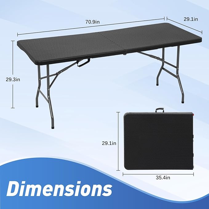 6ft Folding Table, Heavy Duty Foldable Table with Handle, Portable Fold-in-Half Utility Tables for Indoor & Outdoor Use Perfect for Camping BBQ Party Wedding Market Events, Black Ratten-NeatNest