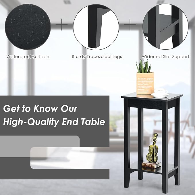 Giantex 2-Tier End Table Tall Nightstand, Simple Design Sofa Bedside Table with Versatile Shelf and Wooden Legs for Small Spaces, Living Room, Study, Bedroom, Narrow Telephone Table, Black
