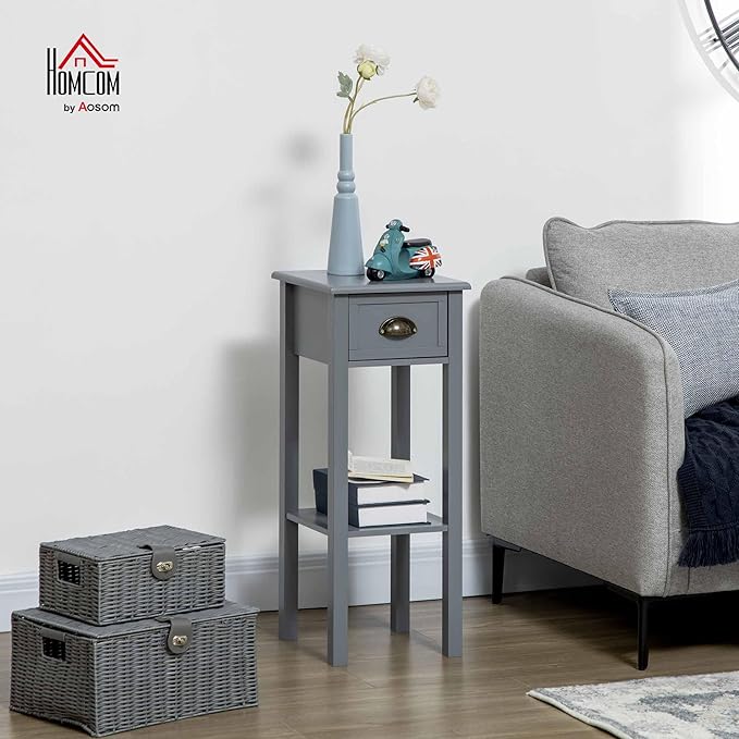 HOMCOM 2-Tier Side Table with Drawer, Narrow End Table with Bottom Shelf, for Living Room, Set of 1, Gray
