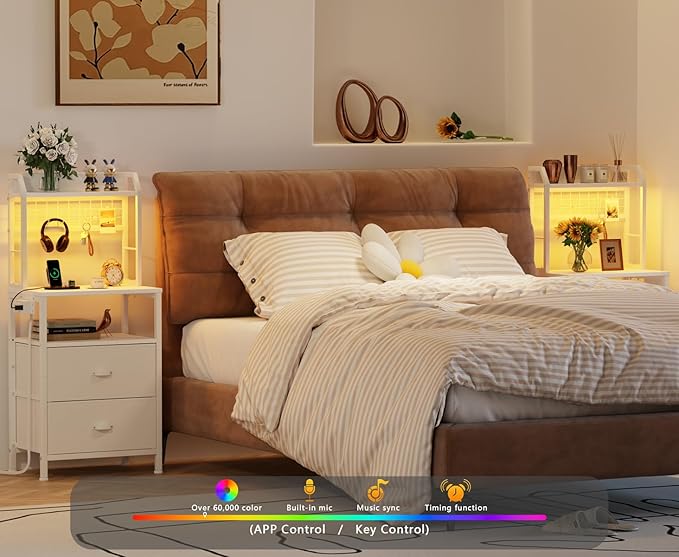 Furologee 40'' Tall Nightstand with Charging Station, Bedside Table with LED Lights, End Table with 2 Drawers and Storage Shelves, Night Stand with Pegboard for Bedroom, White