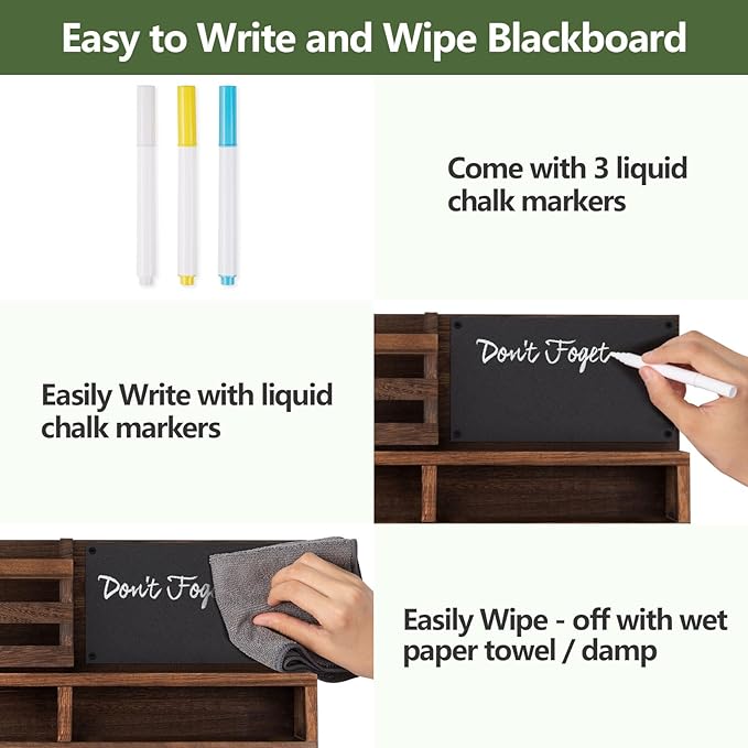 Key Holder for Wall, Wall Mounted Mail Holder Wooden with Shelf & 3 Liquid Chalks & Chalkboard, Mail Sorter Organizer, Rustic Home Decor - Entryway Living Room (15.98”W x 9.1”H x 3.3”D), Brown