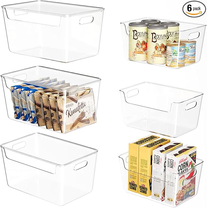 6 PCS Clear Plastic Storage Bins, 2-Sizes Stackable Storage Containers, Pantry Organizers and Storage with Handles, Perfect for Bathroom,Cabinet,Cupboard,Kitchen,Fridge,Closet Organization-NeatNest