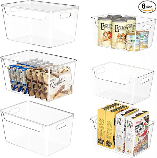6 PCS Clear Plastic Storage Bins, 2-Sizes Stackable Storage Containers, Pantry Organizers and Storage with Handles, Perfect for Bathroom,Cabinet,Cupboard,Kitchen,Fridge,Closet Organization-NeatNest