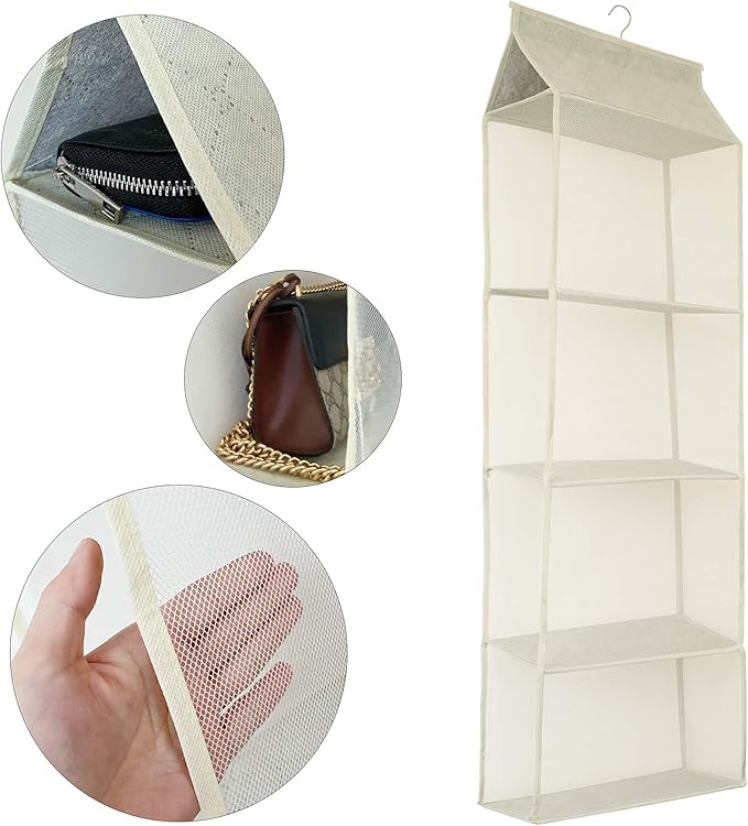 Closet Handbag Purse Holder, Space Saving Hanging Handbag Tote Bag Storage Organizer Holder with 4 Large Heavy-Duty Mesh Shelves for Wardrobe Closet(Beige)-NeatNest