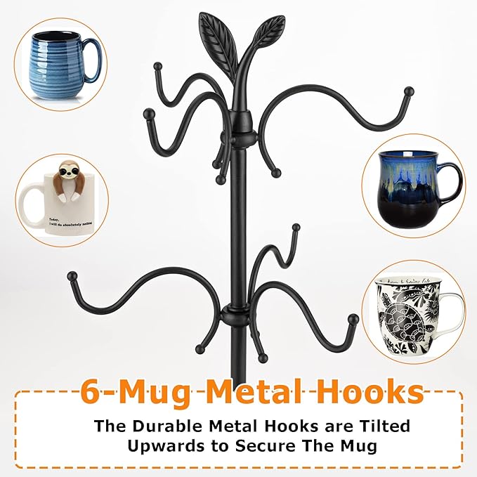 Coffee Mug Holder for Large Mugs, Mug Tree for Counter, Cup Holder for Countertop, Mug Rack with Tray, Metal Mug Tree with 6 Hooks, Coffee Counter Bar Accessory & Kitchen Home Organizer-NeatNest