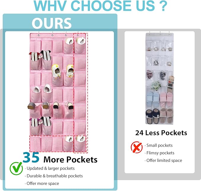 35 Pockets Over the Door Shoe Organizer, Hanging Door Shoe Rack for Closet, Large Shoe Storage Holder Zapateras Organizer for Shoes (Pink)-NeatNest