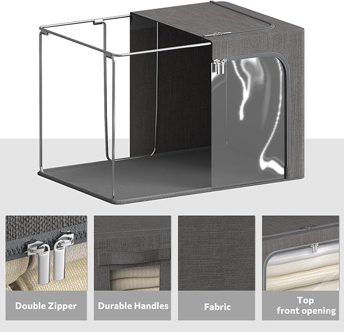 4 Pack Clothes Storage Bins with Metal Frame - Linen Fabric Foldable Stackable Container Organizer Set with Clear Window & Carry Handles & Zippers (Dark Gray, 23.6"x16.5"x15.7")-NeatNest