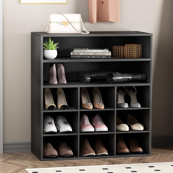 Garden 4 you Shoe Rack Organizer, 5-Tier Wood Cubby Shoe Rack with 2 Storage Shelf and 9 Cubbies, Shoe Organizer Cabinet for Entryway, Hallway, Closet and Garage,Black-NeatNest