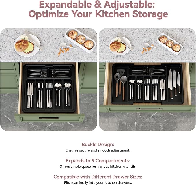 2 Pack Silverware Organizer, Expandable and Adjustable Kitchen Utensil Drawer Organizer, Plastic Cutlery Holder with Multiple Compartments,Cutlery Holder,for Spoons Forks Knives,Black,UAFD012B-NeatNest