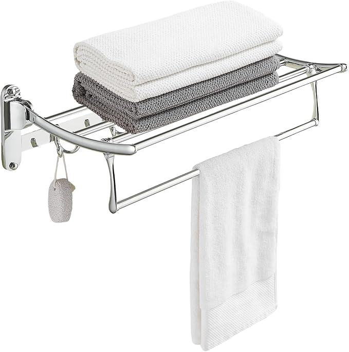 BESy 24 Inch Polished Chrome Towel Racks, Bathroom Towel Shelf with Foldable Towel Bar Holder and Towel Hooks, Wall Mounted Multifunctional Bathroom Accessories, Double Towel Bars-NeatNest