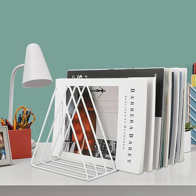 EASEPRES Vinyl Record Holder Storage, 9 Slot Metal Magazine Book Album Display Rack, Stylish Triangle Desktop File Sorter Organizer for Home Office, White
