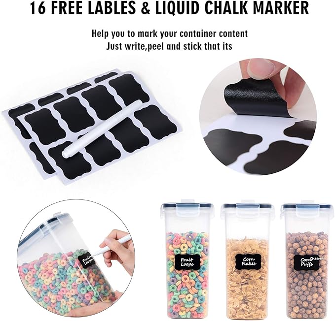 Cereal Containers Storage Set - 3 Piece Airtight Large Dry Cereal Container (135.2oz), BPA Free Dispenser Plastic Cereal Storage Containers with 16 Labels & Pen-NeatNest
