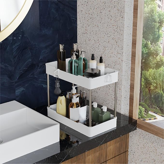 3 Pack Under Sink Organizers and Storage, 2 Tier Bathroom Cabinet Organizer Shelf with Hanging Cups for Kitchen & Bathroom (White)-NeatNest