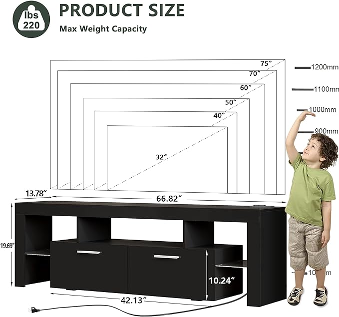 Clikuutory Modern LED Black 67 inch TV Stand with Power Outlet and Large Storage for 40 50 55 60 65 70 75 Inch TVs, Wood TV Console with High Glossy Entertainment Center for Living Room, Bedroom-NeatNest