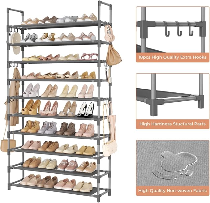Tall Shoe Rack 10 Tier Shoe Organizer Large Shoe Shelf with 18 Hooks Storage for 50 Pair Sneaker and Boot, Stackable Vertical Shoe Rack Organizer for Closet, Entryway, Bedroom, Grey-NeatNest