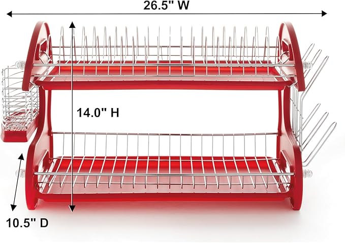 Montgomery Ward Retro 2-Tier Dish Rack, Space-Saving Design, Durable Plastic and Chrome-Plated Wire, Easy Assembly (Delicious Red)