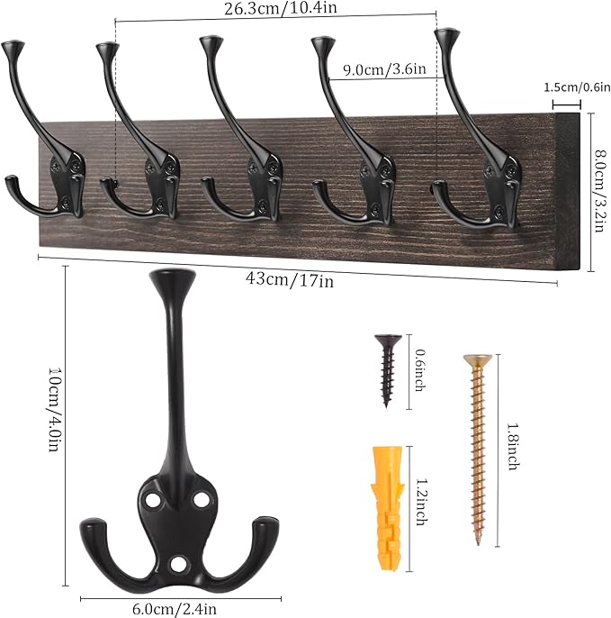 IBosins 2 Pack Coat Rack Wall Mount, 17'' Old Wood Color Coat Hanger, Rustic Wooden Metal Coat Hooks Rail for Entryway Living Room Coat Jacket Scarf Bag Towel Hat