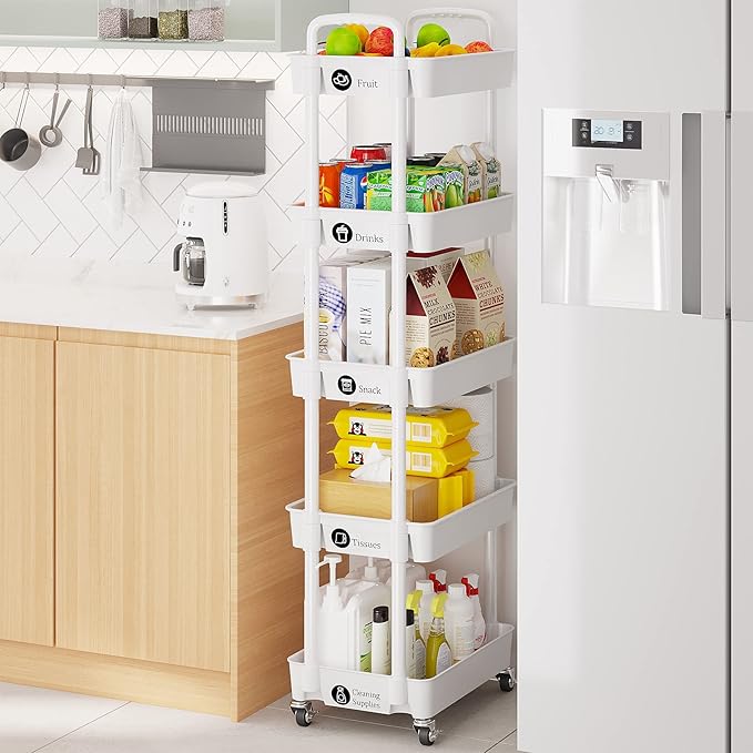 Laiensia 5-Tier Rolling Cart with Wheels,Multifunction Utility Storage carts, Kitchen Storage Organizer,Mobile Shelving Unit for Bathroom,Laundry,with Classified Stickers,White-NeatNest