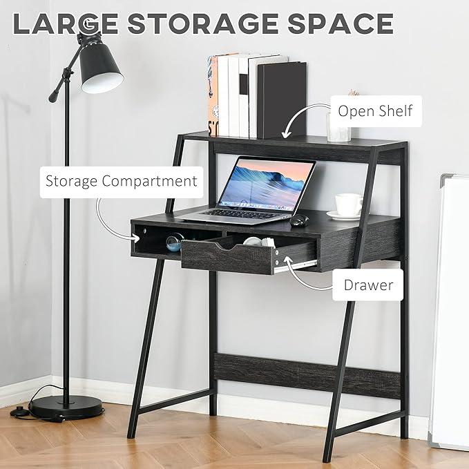 HOMCOM Home Office Desk, Computer Desk with A Frame for Small Spaces, Writing Table with Drawer and Storage Shelves, Charcoal Gray-NeatNest