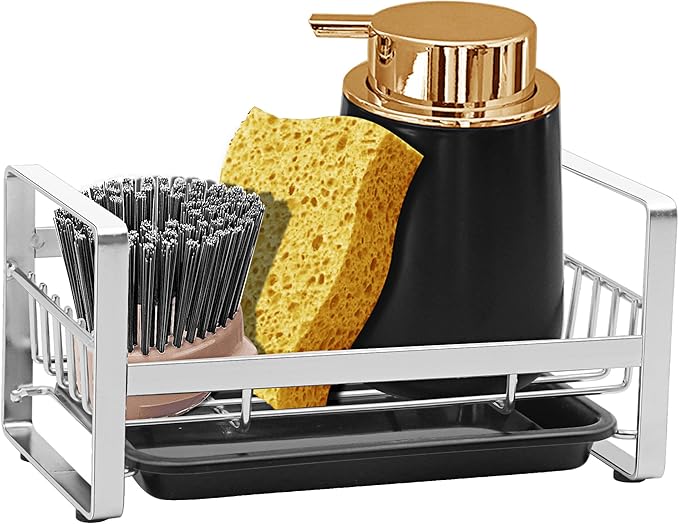 2 Pack Kitchen Sponge Holder - Kitchen Sink Organizer - Sink Caddy - Sink Tray - Soap Holder - Stainless Steel, Silver+Black, 2PCS
