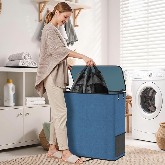 Large Double Laundry Hamper with Lid, Removable Bags & Reinforced Handles, 2 Section Tall Laundry Basket, Dirty Clothes Hampers for Laundry Room, Bedroom, Bathroom, Dorm, 155L, Blue-NeatNest
