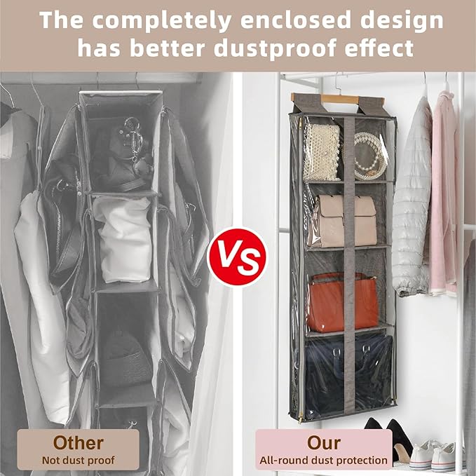 Clear Hanging Handbag Storage Organizer with Zippers, Door Purse Organizer Space Saving 4 Pockets for Closet Bedroom Living Room (Brown)-NeatNest