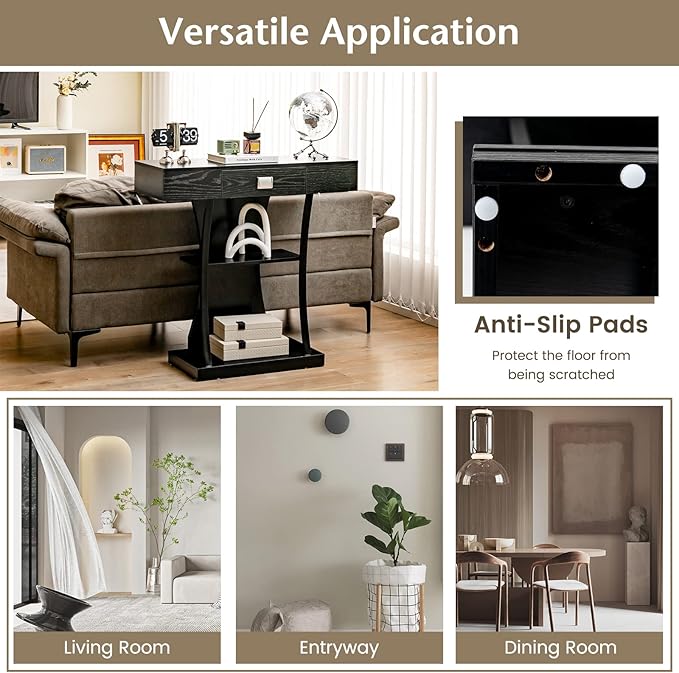 Giantex Narrow Console Table T-Shaped - Behind Couch Table with Drawer, Shelves, Dual Anti-Tipping Kits, Modern Foyer Table, Sofa Side Table for Living Room, Entryway, Hallway, Entry Table (Black)-NeatNest