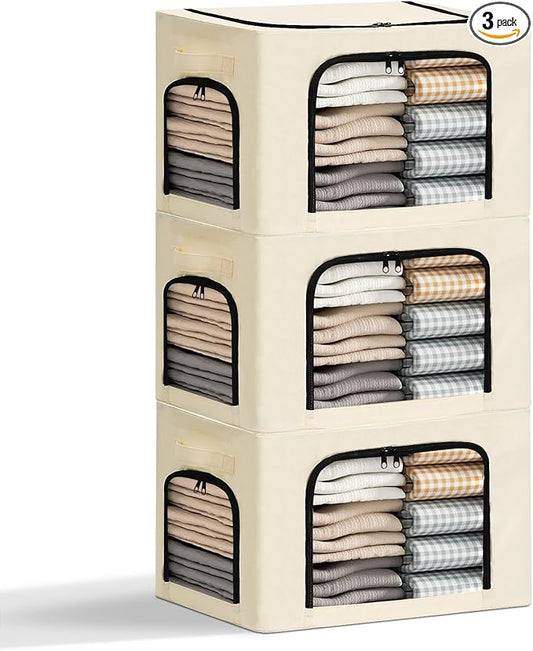 3-Pack Clothes Storage Bins with Metal Frame, Foldable 40L Linen Storage Boxes with Lids, Zippers & Durable Handles, Clear Windows (Cream)-NeatNest