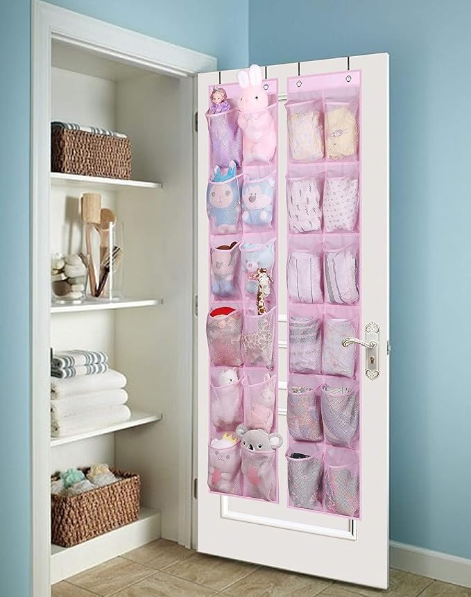 MISSLO Kids Over the Door Shoe Organizer Baby Hanging Shoe Rack Narrow Closet Storage bags with 12 Mesh Pockets for Girl Women Men Toddler Nursery, 2 Packs, Pink-NeatNest