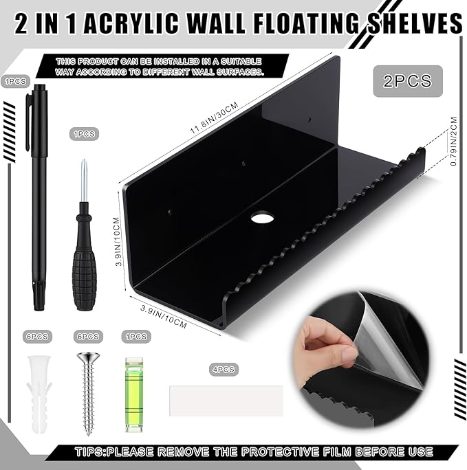 2 Pack Acrylic Wall Floating Shelves, Black Adhesive Organizer, Acrylic Floating Bookshelves, Wall Display Shelve for Bedroom, Gaming Room, Living Room, Bathroom, Office-NeatNest