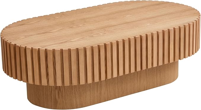 kevinplus 43.7'' Wood Coffee Table Modern Coffee Table for Living Room, Contemporary Circle Fluted Drum Pedestal Style, Easy Assembly, Oak