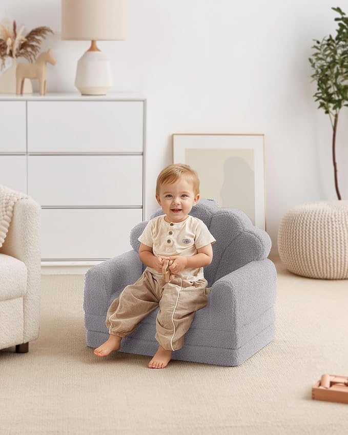 Blissful Diary Foldable Toddler Couch, 2-in-1 Comfy Toddler Chair & Lounger for Reading, Nap, Playroom, Kids Couch Sofa for 1 2 3+ Year Old Girls Boys Baby Birthday Gift, Gray Shell-NeatNest