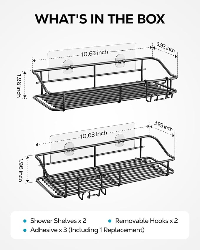 Nieifi Shower Caddy Shelf with Hooks Storage Rack Organizer Adhesive Stainless Steel Without Drilling for Bathroom, Lavatory, Washroom, Restroom, Shower, Toilet, Kitchen - 2 Pack (Black)-NeatNest