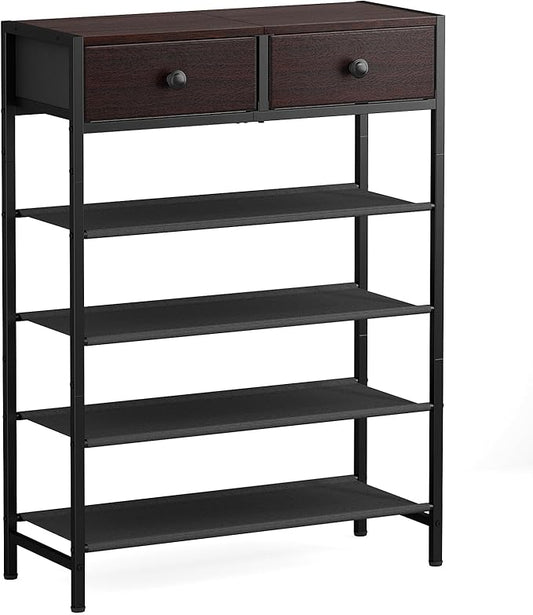Shoe Rack, 5 Tier Shoe Organizer with 2 Drawers, Metal Shoe Storage for 16-20 Pairs of Shoes with Fabric Shelves and Wooden Top, Narrow Shoe Shelf for Closet Entryway Dark Brown-NeatNest