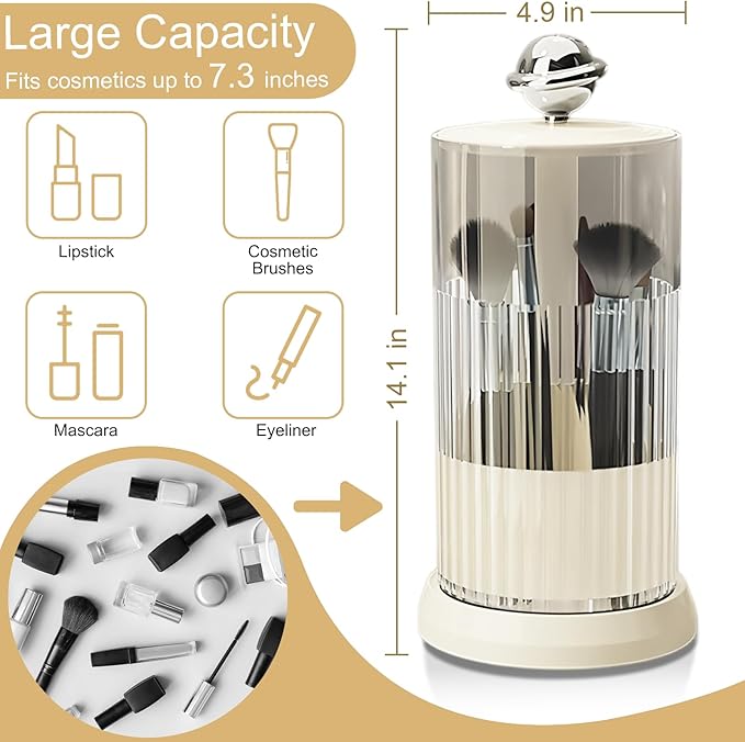 Makeup Brush Holder with Lid,One Touch Open 4 Slot Makeup Brush Case with Waterproof Dustproof, 360 Rotating Makeup Organizer for Vanity Desktop Counterto Bathroom (White)-NeatNest