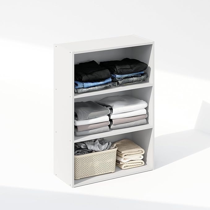 Furinno Reed 3-Tier Multipurpose Open Shelf Clothing & Closet Storage Organization, Plain White-NeatNest