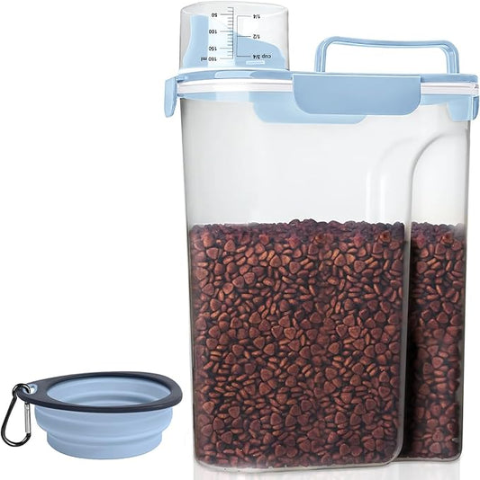 5-7LBS Airtight Dog Cat Food Storage Container with Pet stacking bowls, Upgraded Large Nozzle Clear Plastic Pet Storage Bin BPA-Free for Cats, Dogs, Birds, Chickens, Fishs-6Qt (Elegant Blue 5L-1Pack)-NeatNest